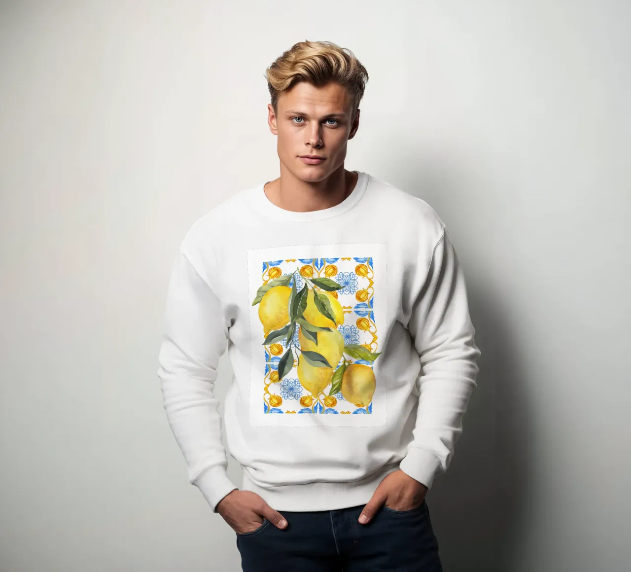 Lemon Mediterranean Tile Print felpa da Bella Studio