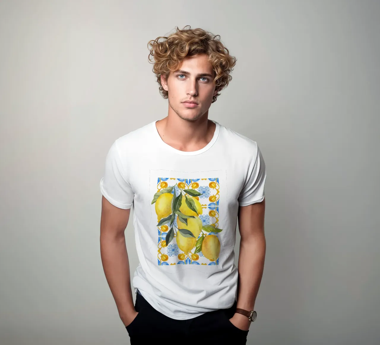Lemon Mediterranean Tile Print t-shirt da Bella Studio