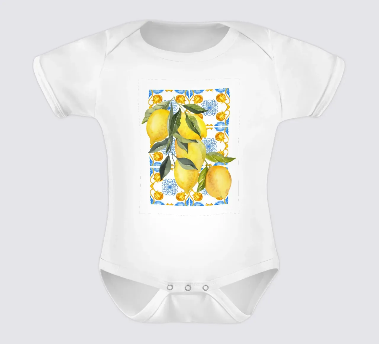 Lemon Mediterranean Tile Print body neonato maniche corte da Bella Studio