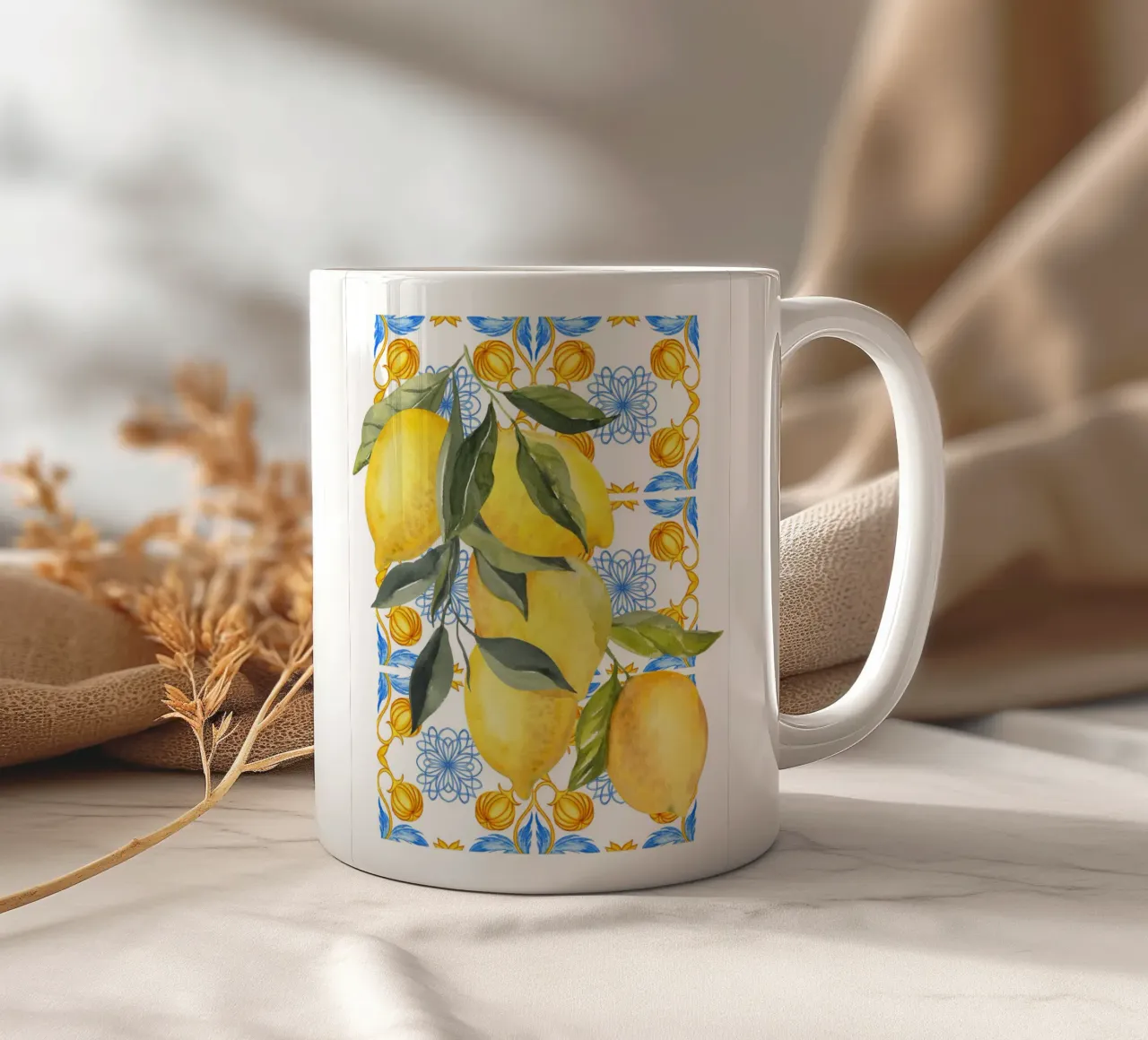 Lemon Mediterranean Tile Print tazza in ceramica da Bella Studio