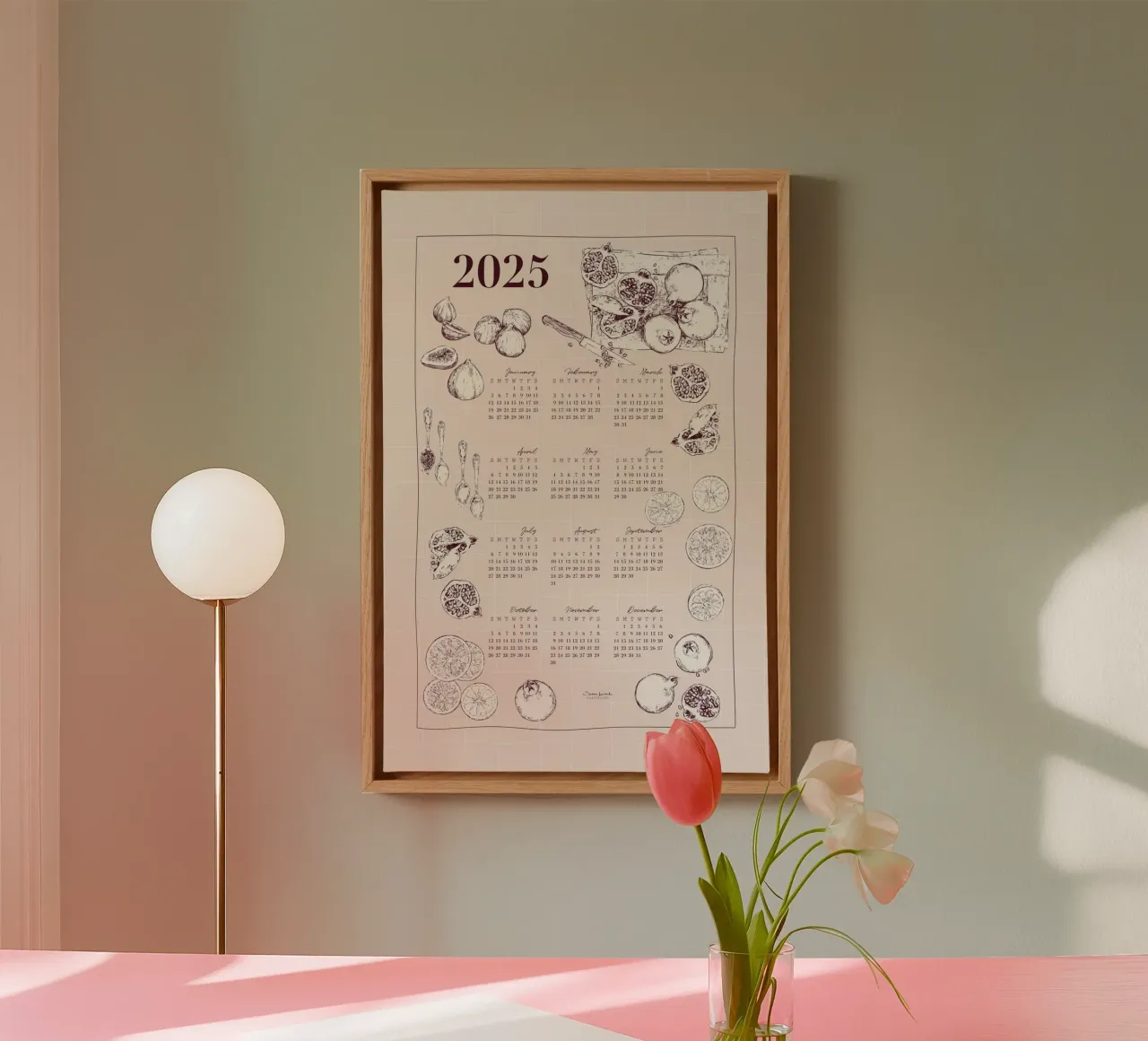 2025 calendar with culinary motifs in pink tones. canvas with Floater frame by Art by Susana Miranda ilustración