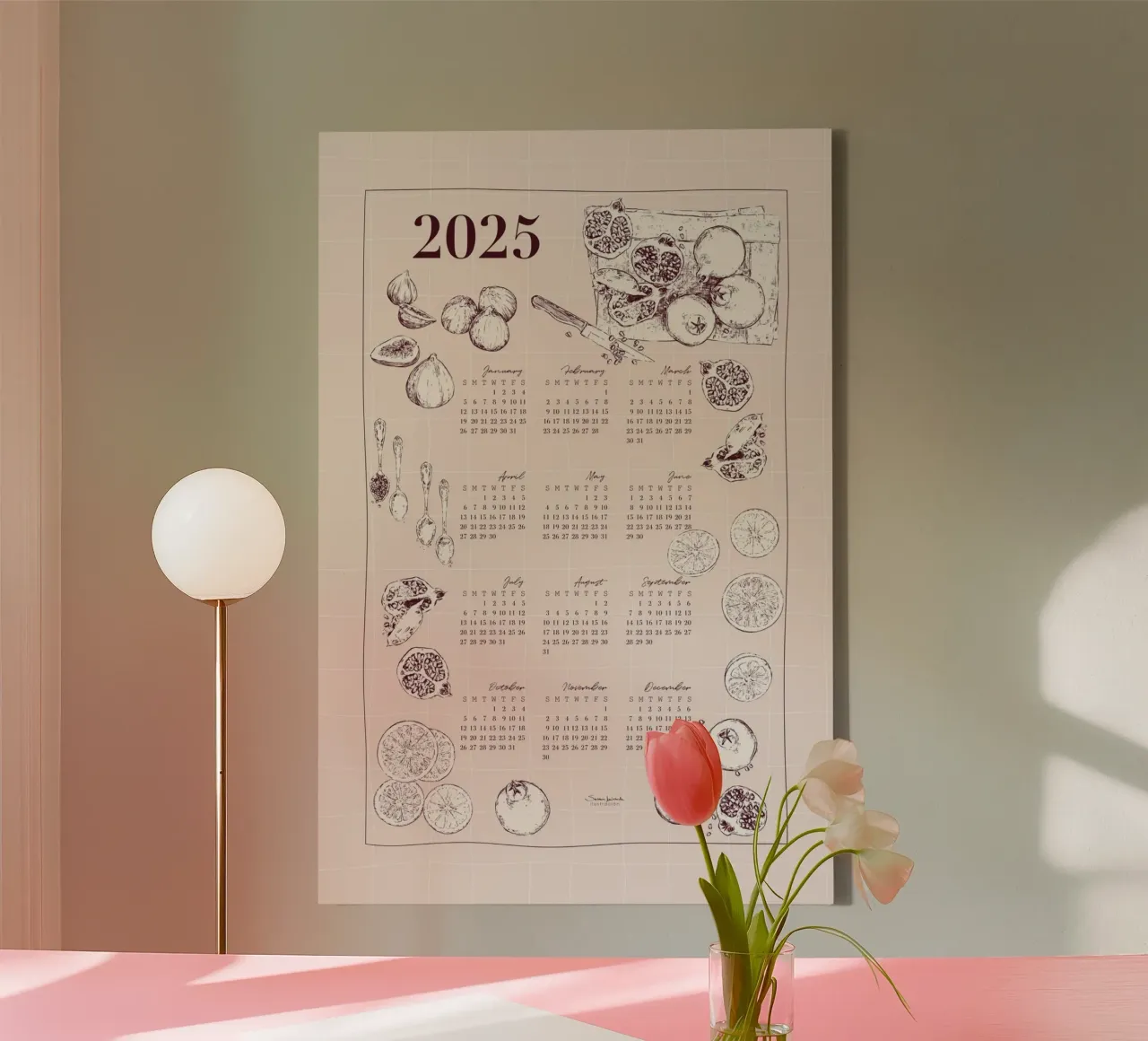 2025 calendar with culinary motifs in pink tones. canvas with Floater frame by Art by Susana Miranda ilustración
