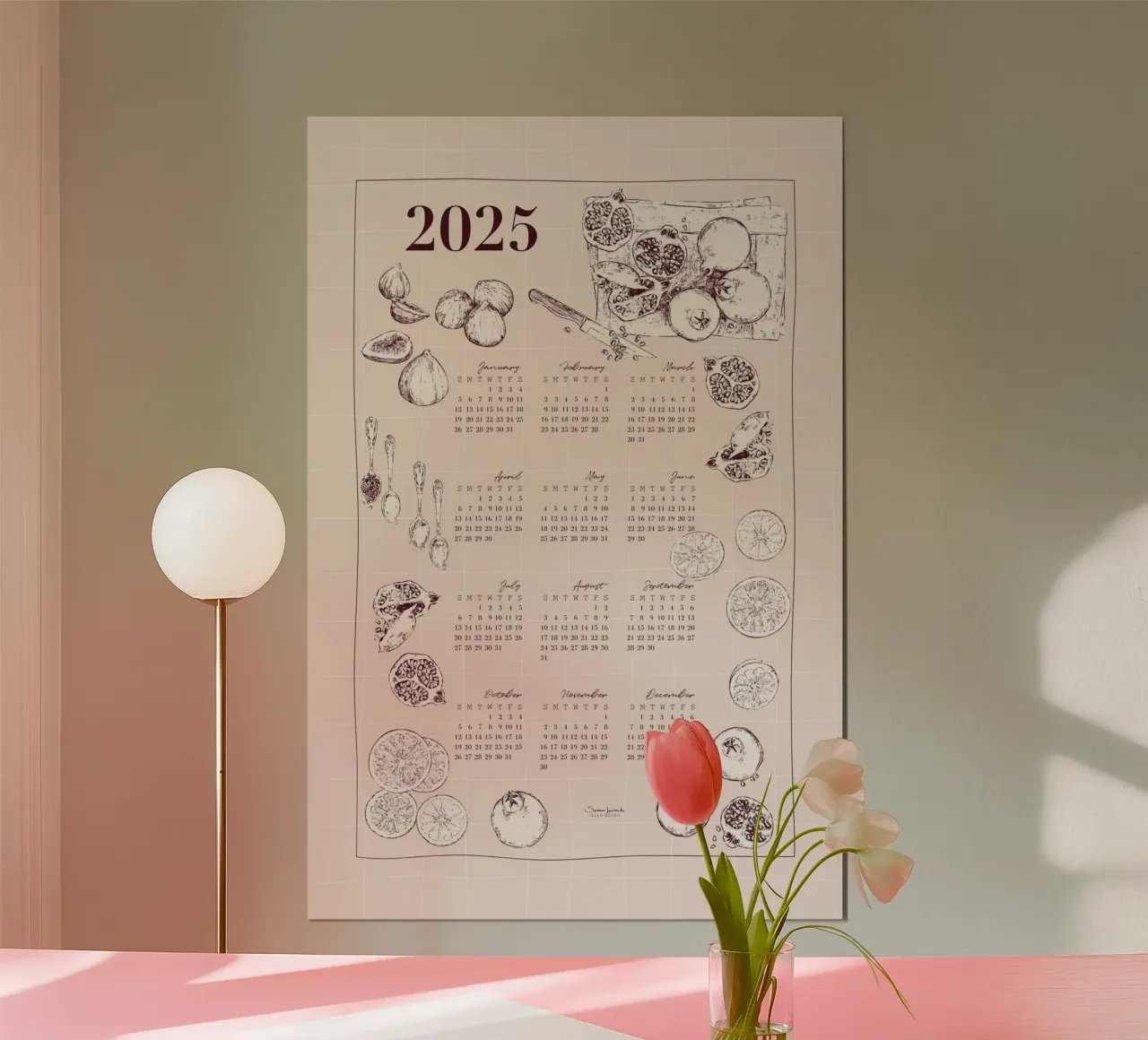 Calendario 2025 con motivi culinari in tonalità rosa. poster da Art by Susana Miranda ilustración