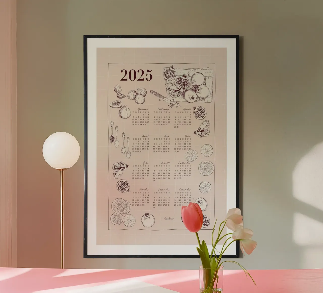 Calendario 2025 con motivi culinari in tonalità rosa. poster da Art by Susana Miranda ilustración