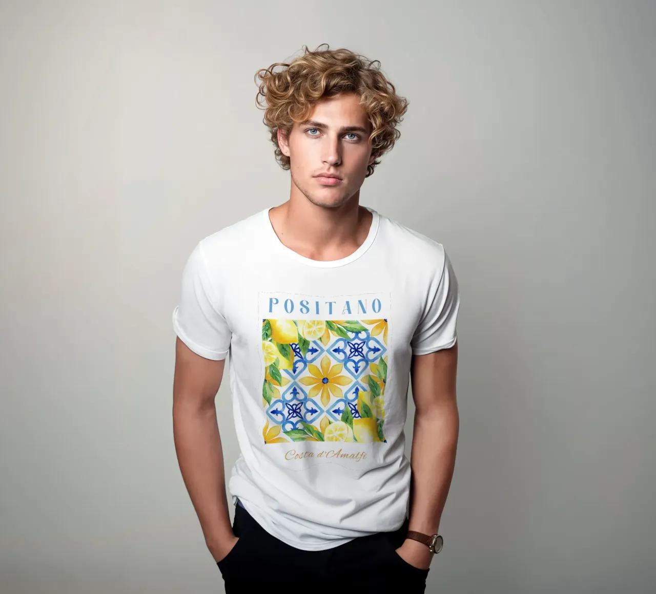 Lemon Positano Print, Amalfi Coast t-shirt da Bella Studio