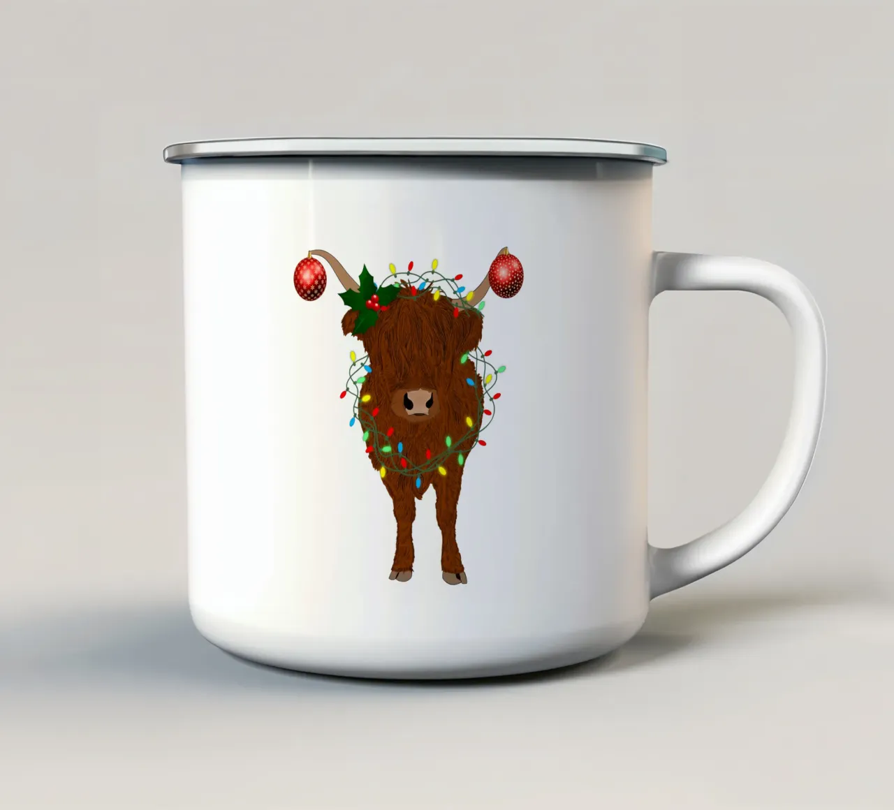 LUCI NATALIZIE AGGROVIGLIATE SU HIGHLAND COW tazza in smalto da ARTOMATIC