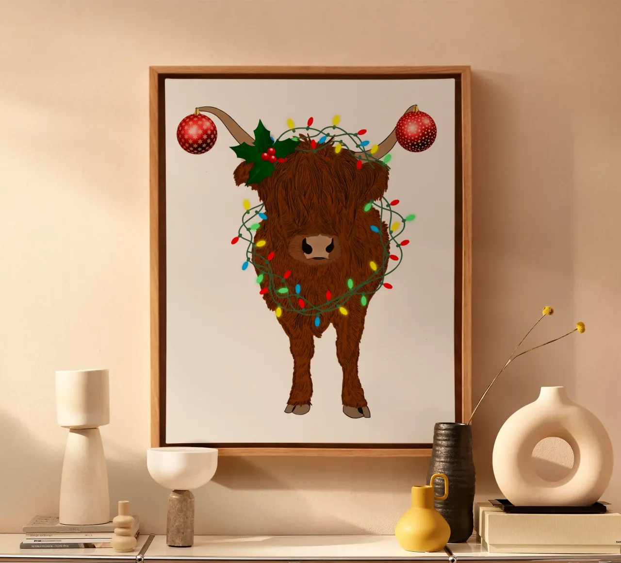 LUCI NATALIZIE AGGROVIGLIATE SU HIGHLAND COW tela con Cornice a cassetta da ARTOMATIC