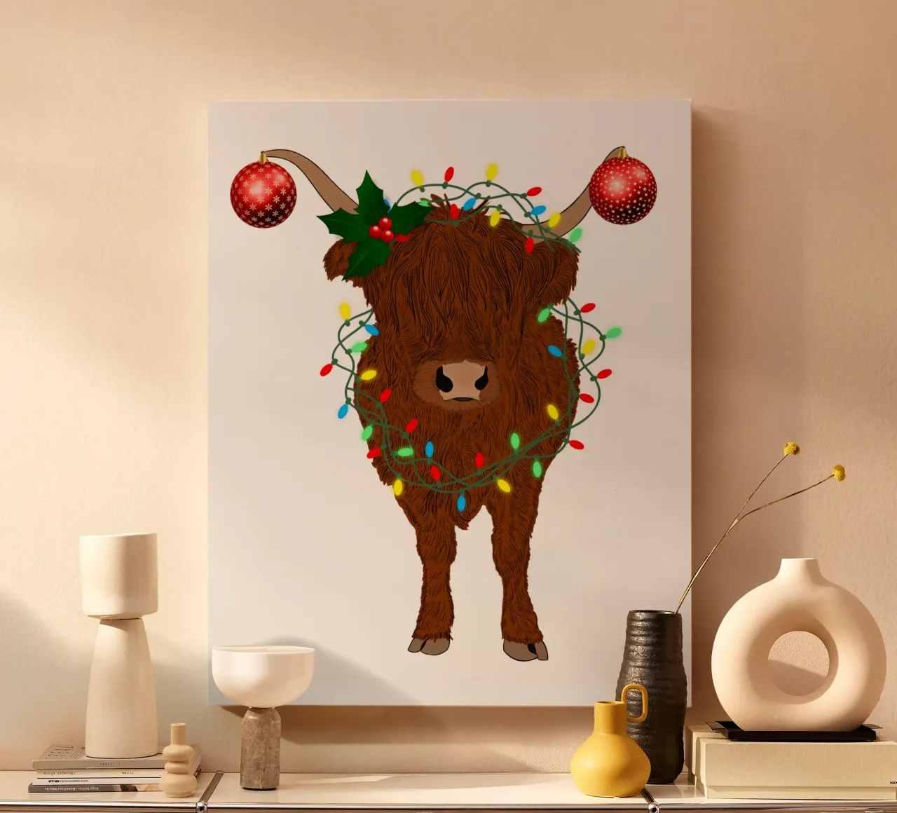 LUCI NATALIZIE AGGROVIGLIATE SU HIGHLAND COW tela con Cornice a cassetta da ARTOMATIC