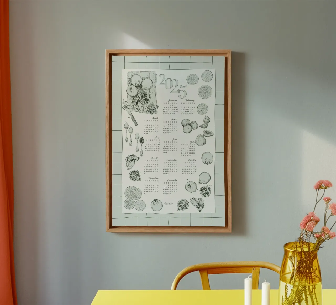 2025 calendar with culinary motifs in pale green tones canvas by Art by Susana Miranda ilustración