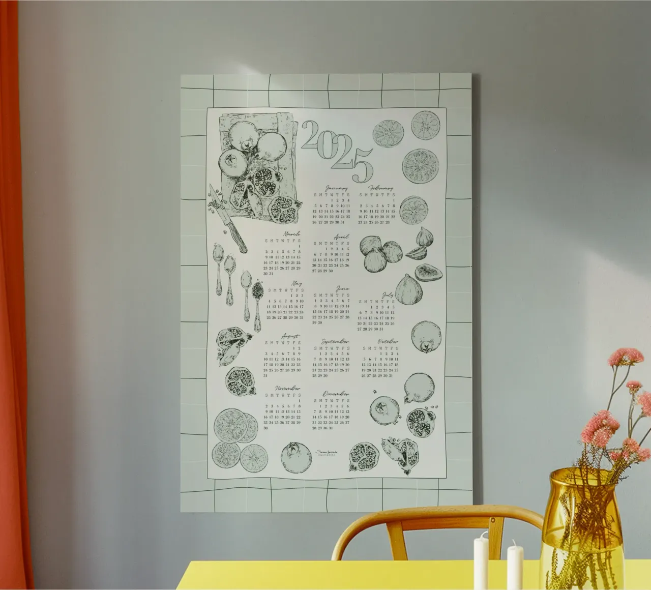 2025 calendar with culinary motifs in pale green tones canvas by Art by Susana Miranda ilustración