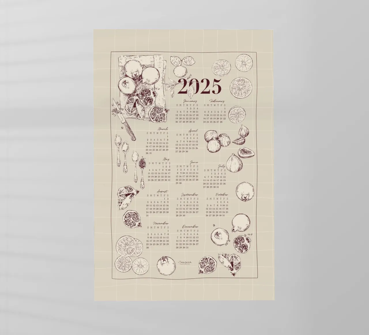 2025 calendar with culinary motifs in beige and garnet tones backlit film by Art by Susana Miranda ilustración