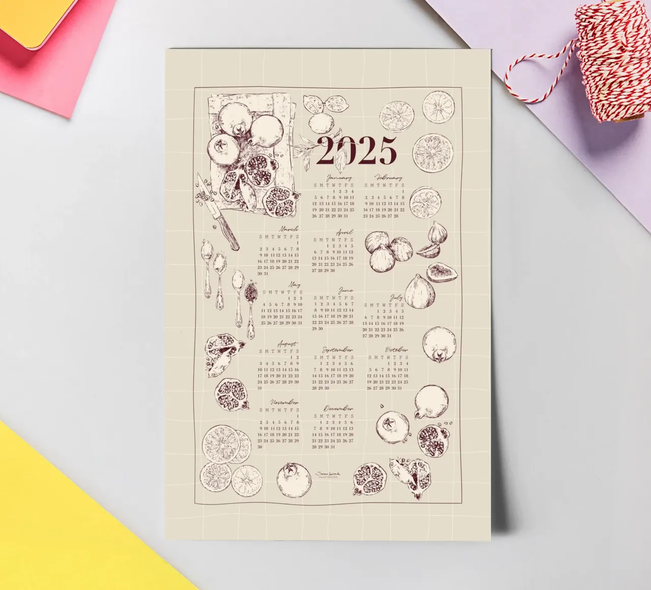 2025 calendar with culinary motifs in beige and garnet tones sticker sheet by Art by Susana Miranda ilustración