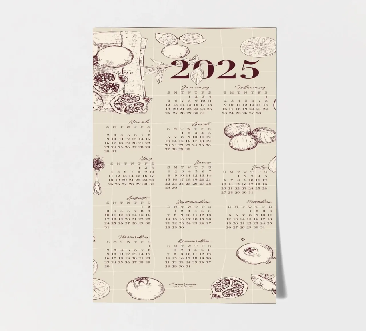 2025 calendar with culinary motifs in beige and garnet tones sticker sheet by Art by Susana Miranda ilustración