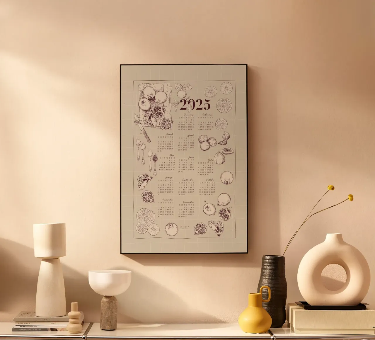 2025 calendar with culinary motifs in beige and garnet tones alu-dibond by Art by Susana Miranda ilustración