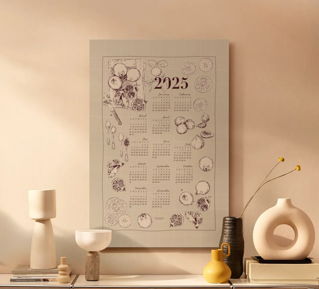 2025 calendar with culinary motifs in beige and garnet tones alu-dibond by Art by Susana Miranda ilustración