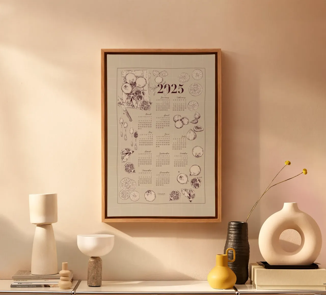 2025 calendar with culinary motifs in beige and garnet tones canvas by Art by Susana Miranda ilustración