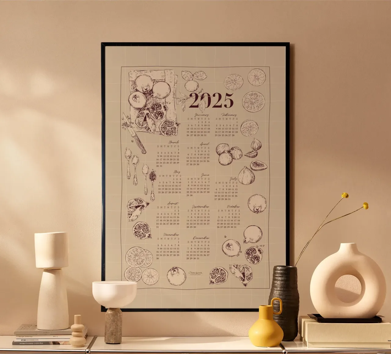 2025 calendar with culinary motifs in beige and garnet tones hahnemühle by Art by Susana Miranda ilustración
