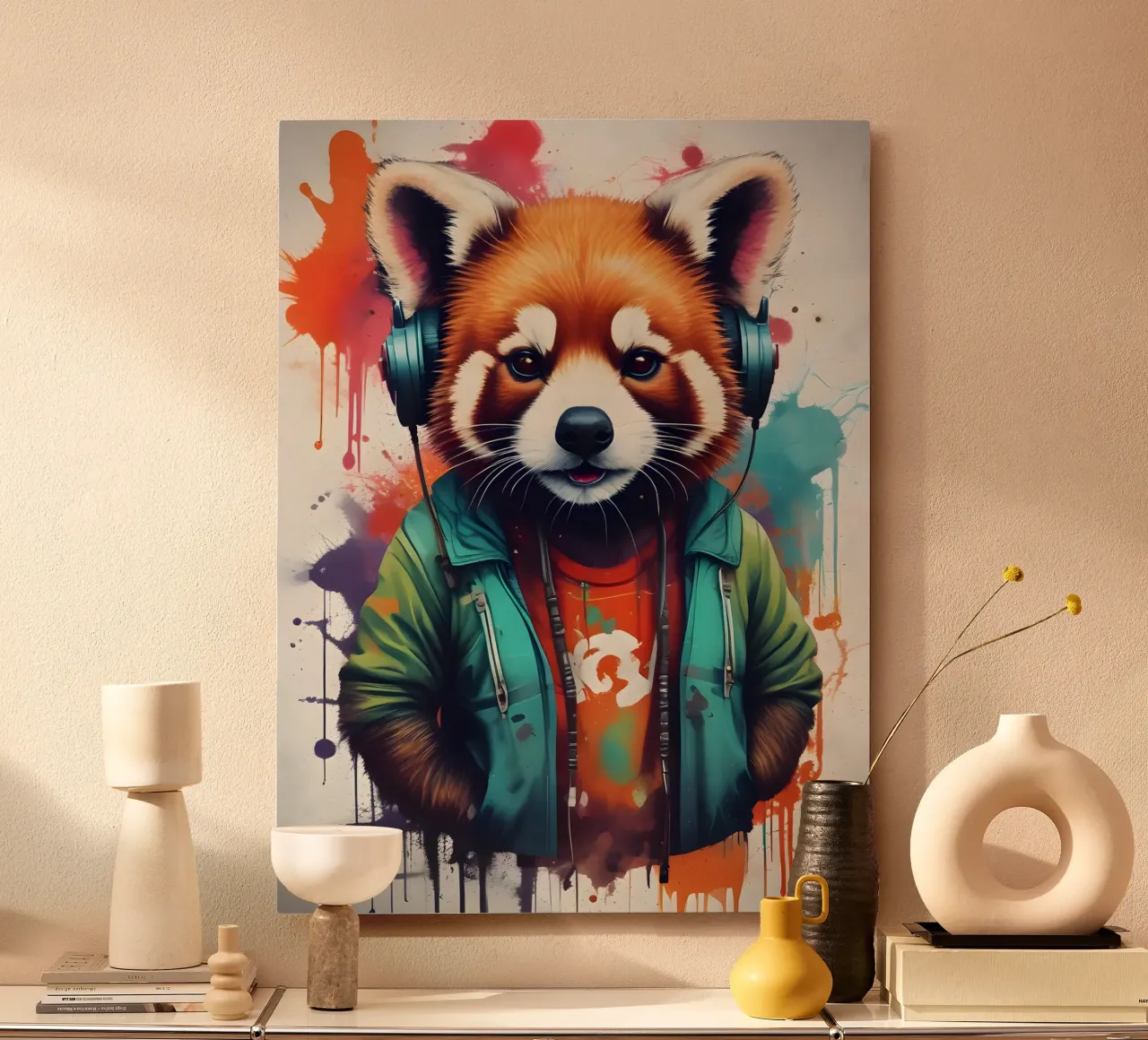 Panda rosso in cuffia alluminio dibond da MakArena