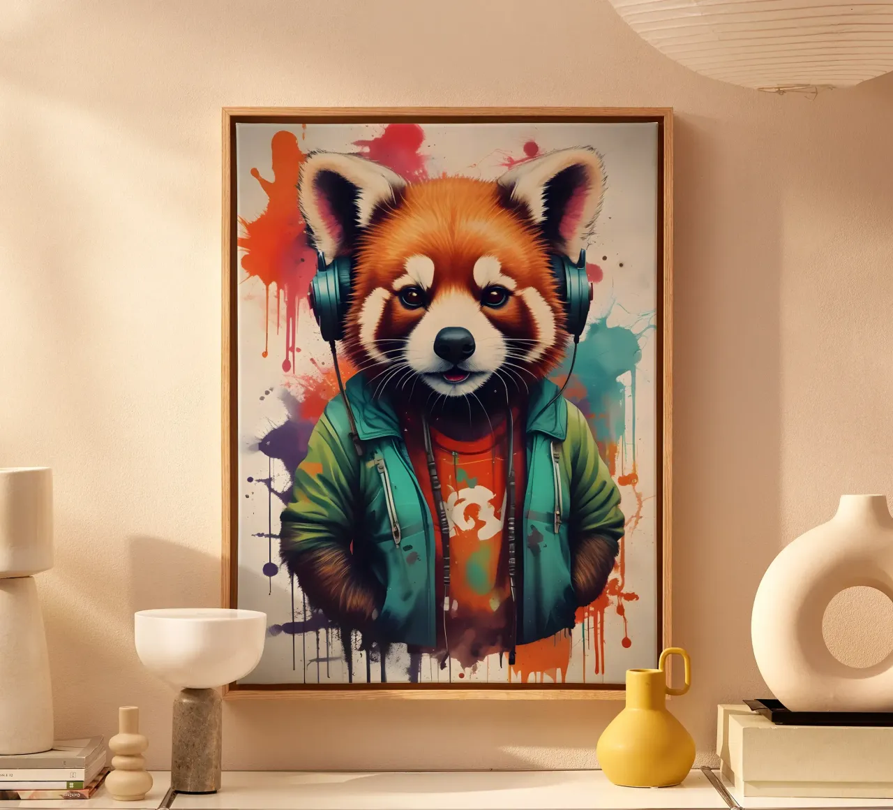 Panda rosso in cuffia tela con Cornice a cassetta da MakArena