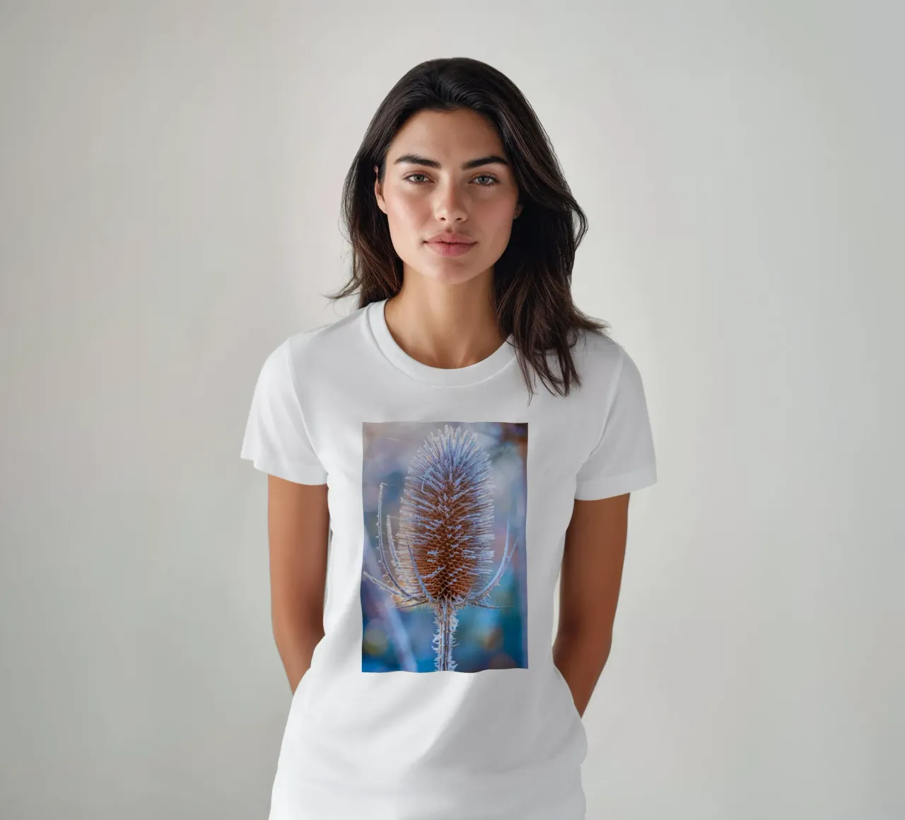 Wild teasel covered with frost in winter t-shirt by Marcus Beckert | Fotografie