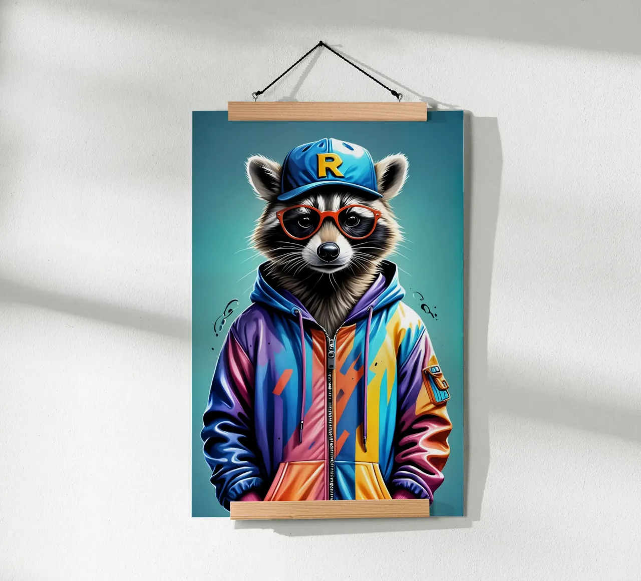 Raton laveur en tenue de sport poster avec cadre en bois de MakArena