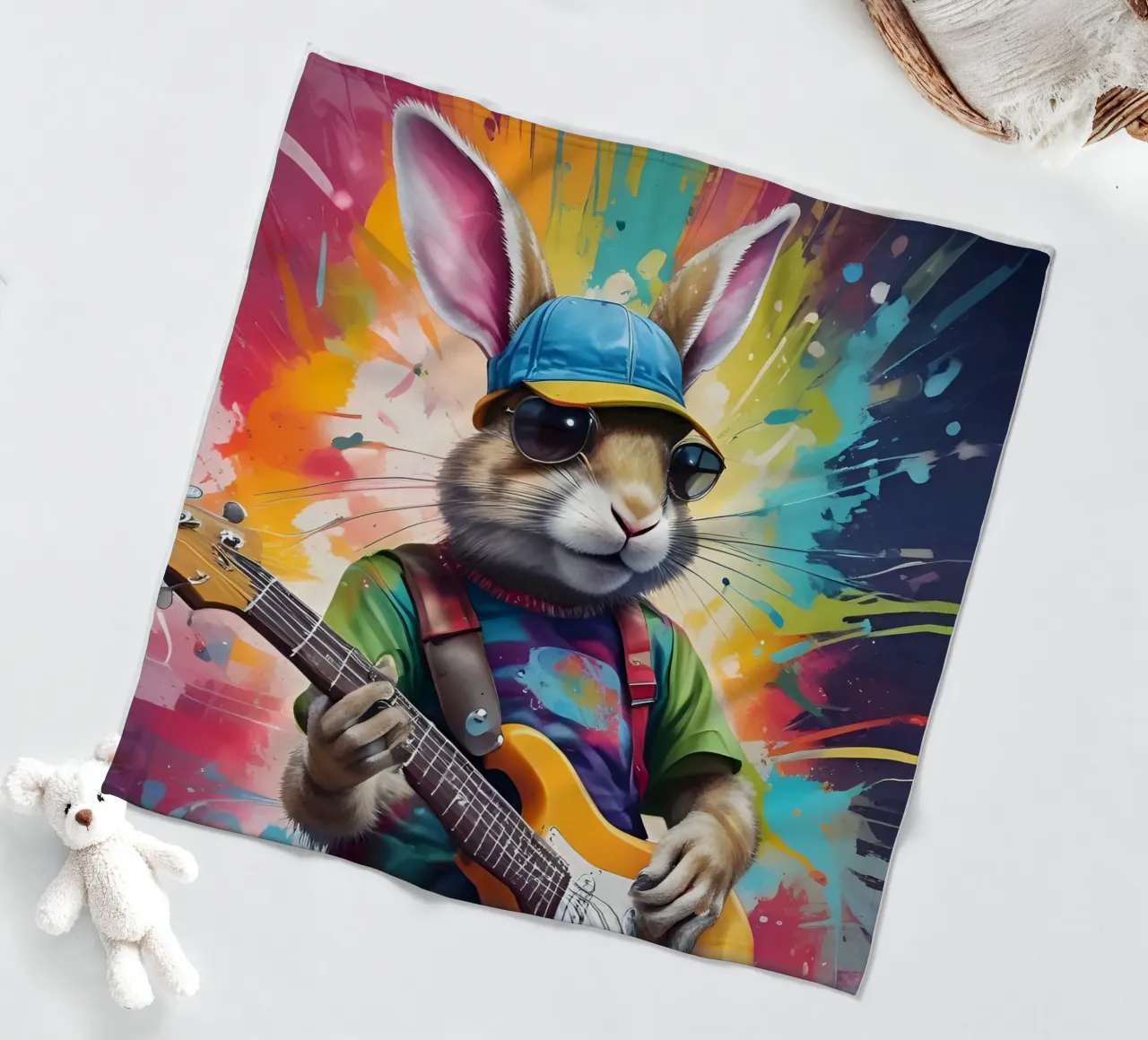 Rabbit play guitar fleece blanket by MakArena