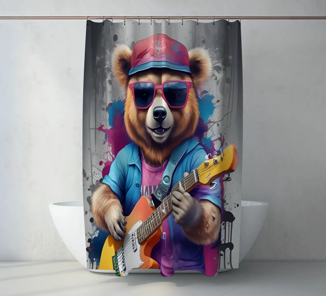 Pink bear play guitar shower curtain by MakArena