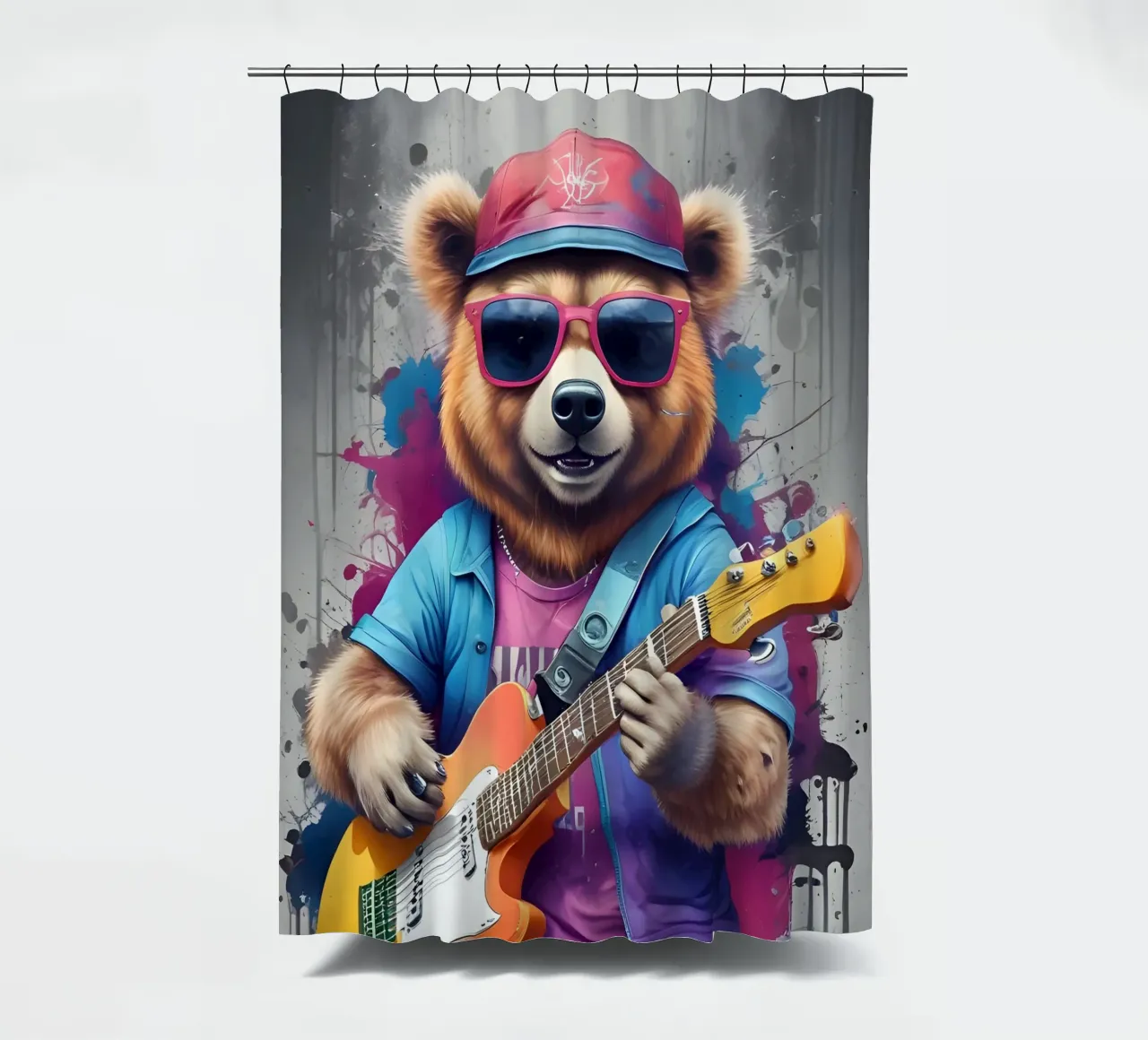 Pink bear play guitar shower curtain by MakArena