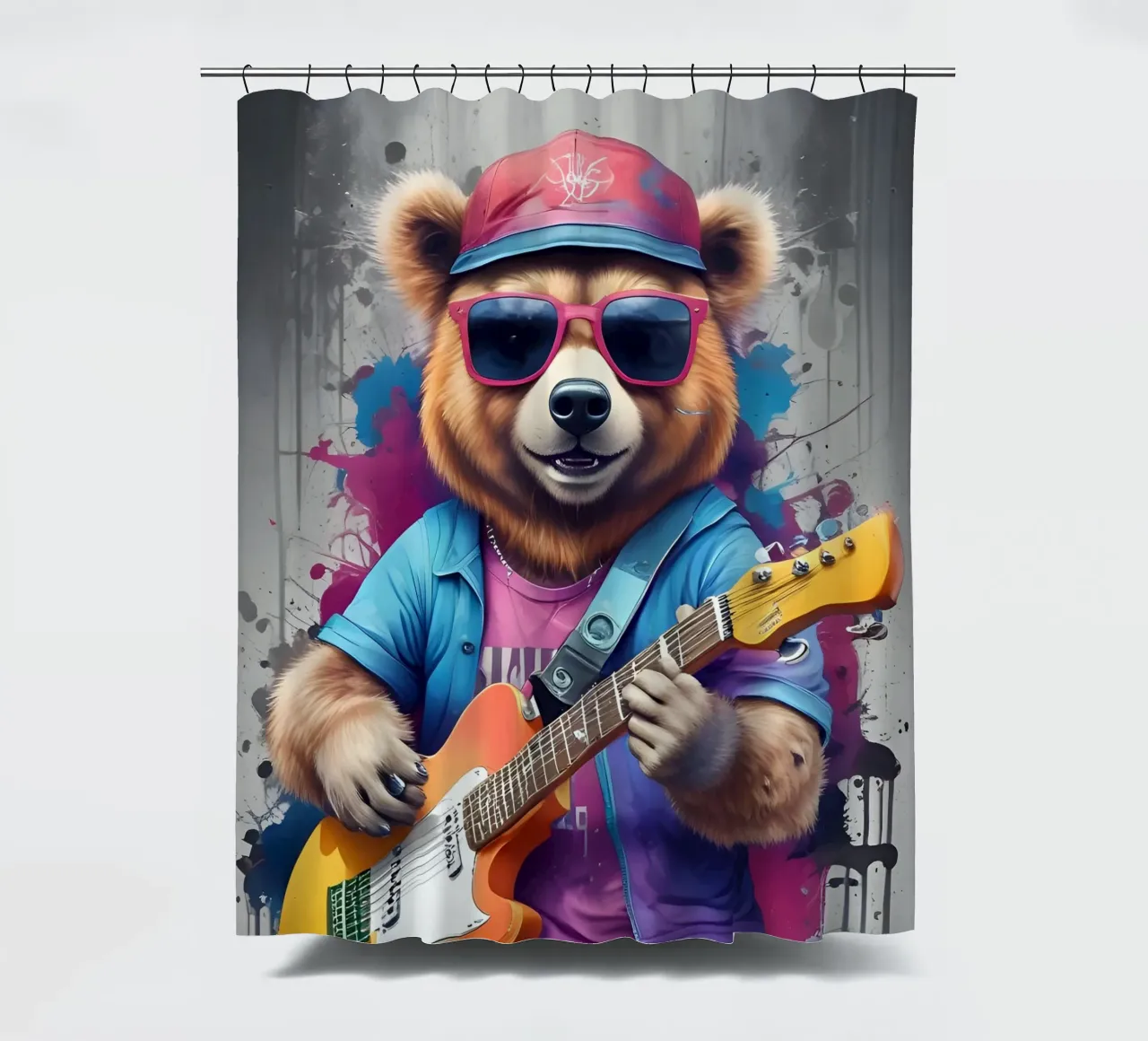 Pink bear play guitar shower curtain by MakArena