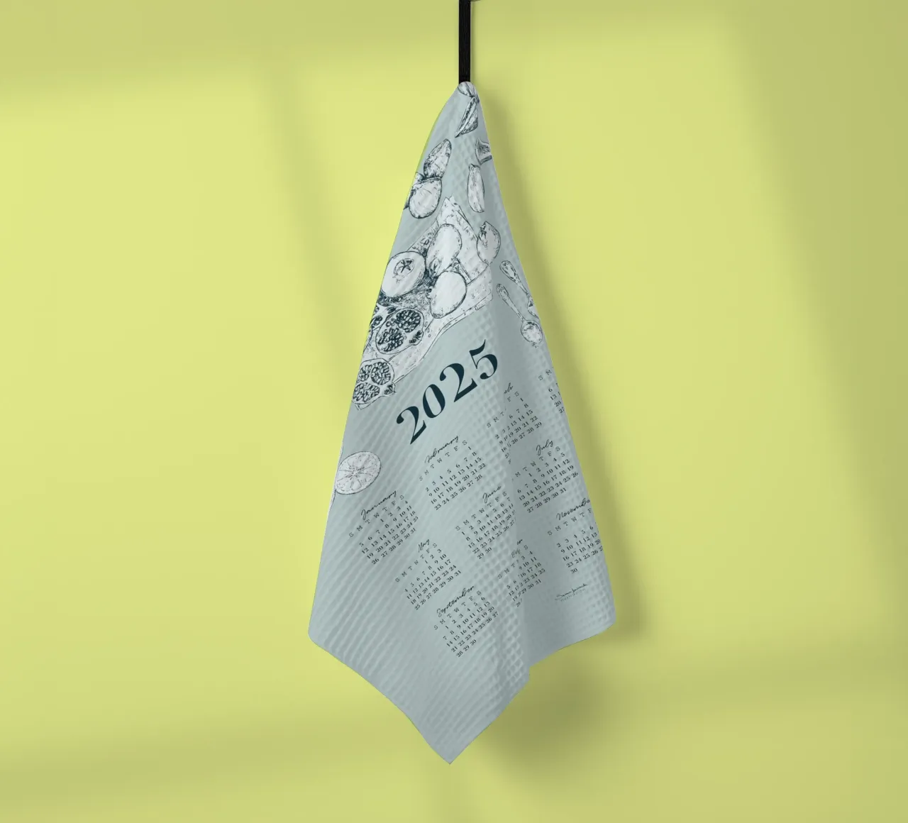 2025 calendar with culinary motifs in pale blue tones. tea towel by Art by Susana Miranda ilustración