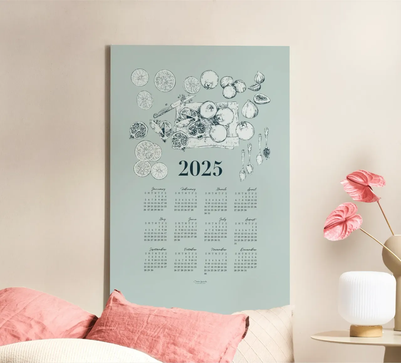 2025 calendar with culinary motifs in pale blue tones. canvas by Art by Susana Miranda ilustración