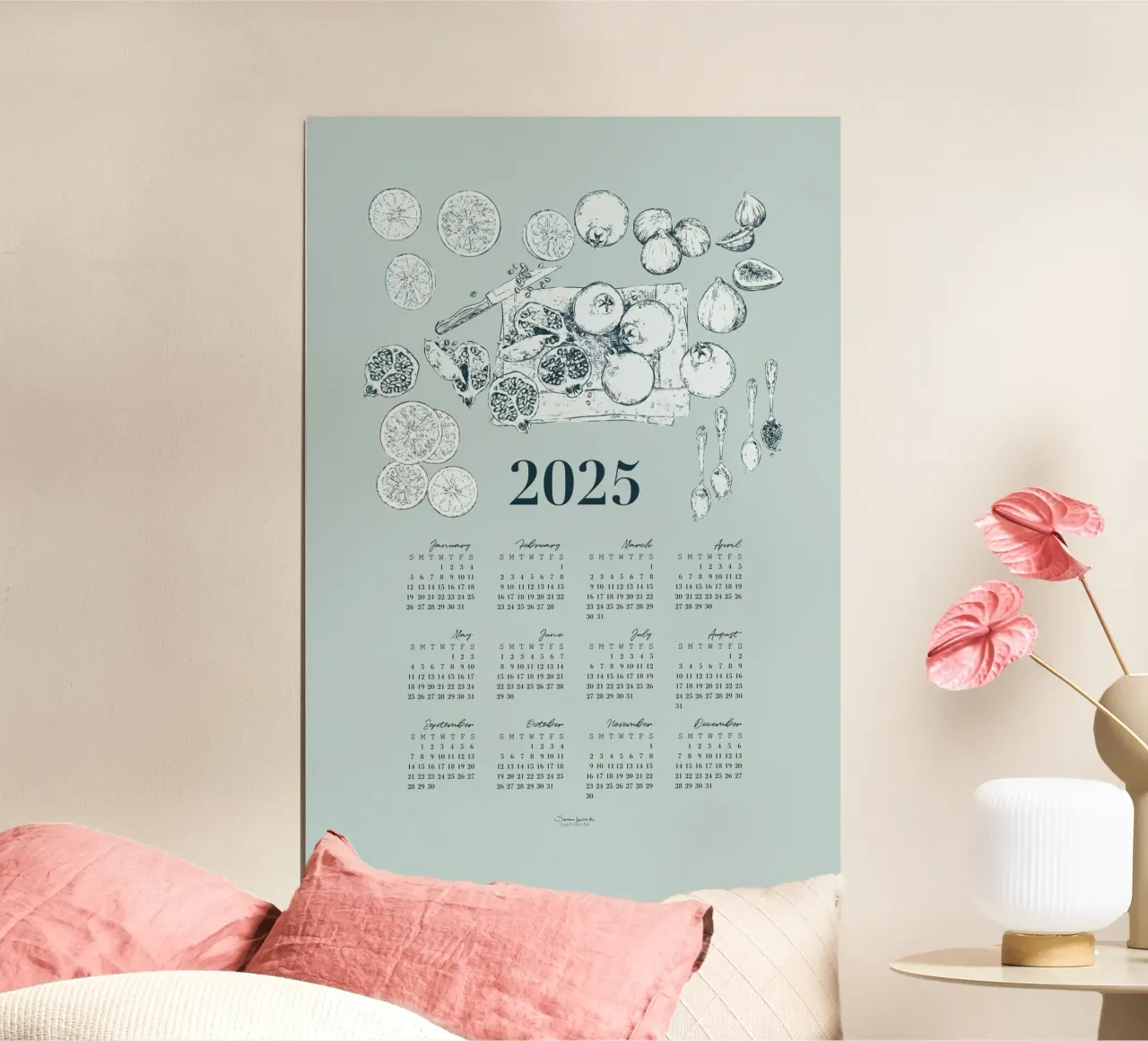 2025 calendar with culinary motifs in pale blue tones. hahnemühle by Art by Susana Miranda ilustración