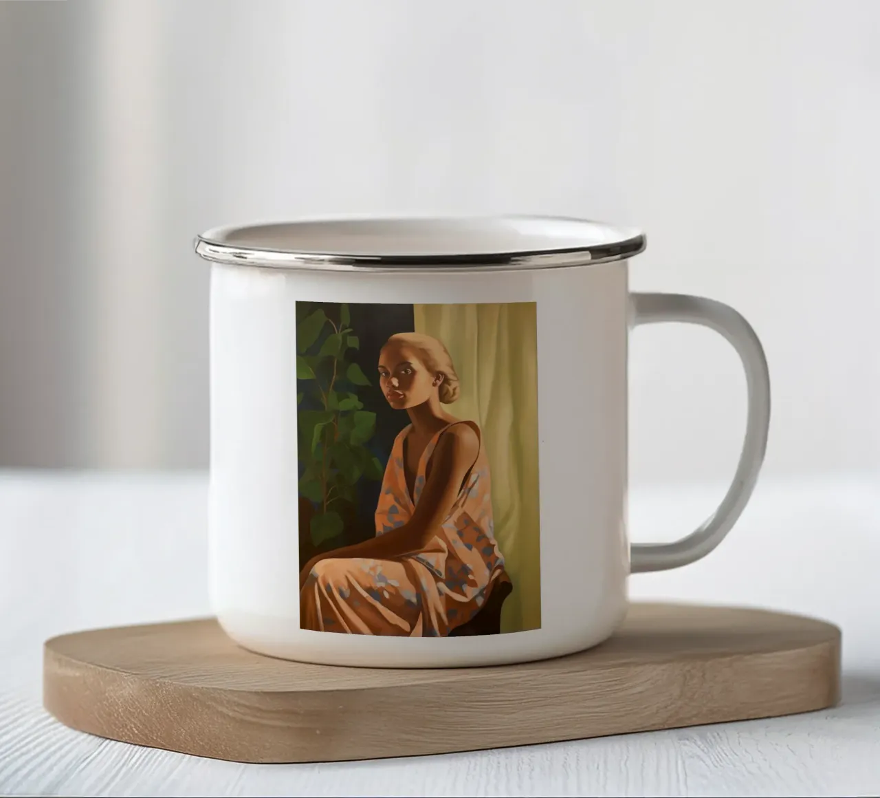 Giovane donna al mattino tazza in smalto da Carinaprint