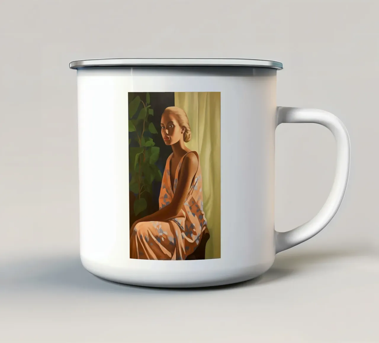 Giovane donna al mattino tazza in smalto da Carinaprint