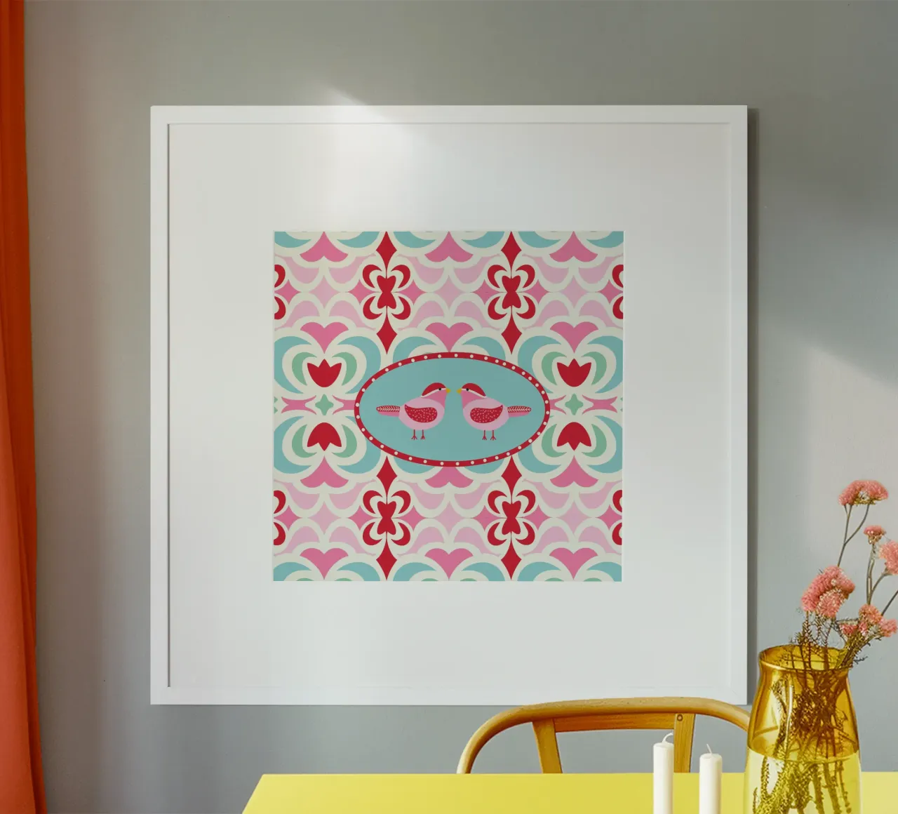 Vogelhochzeit poster con telaio in legno da Miris bunte Modewelt
