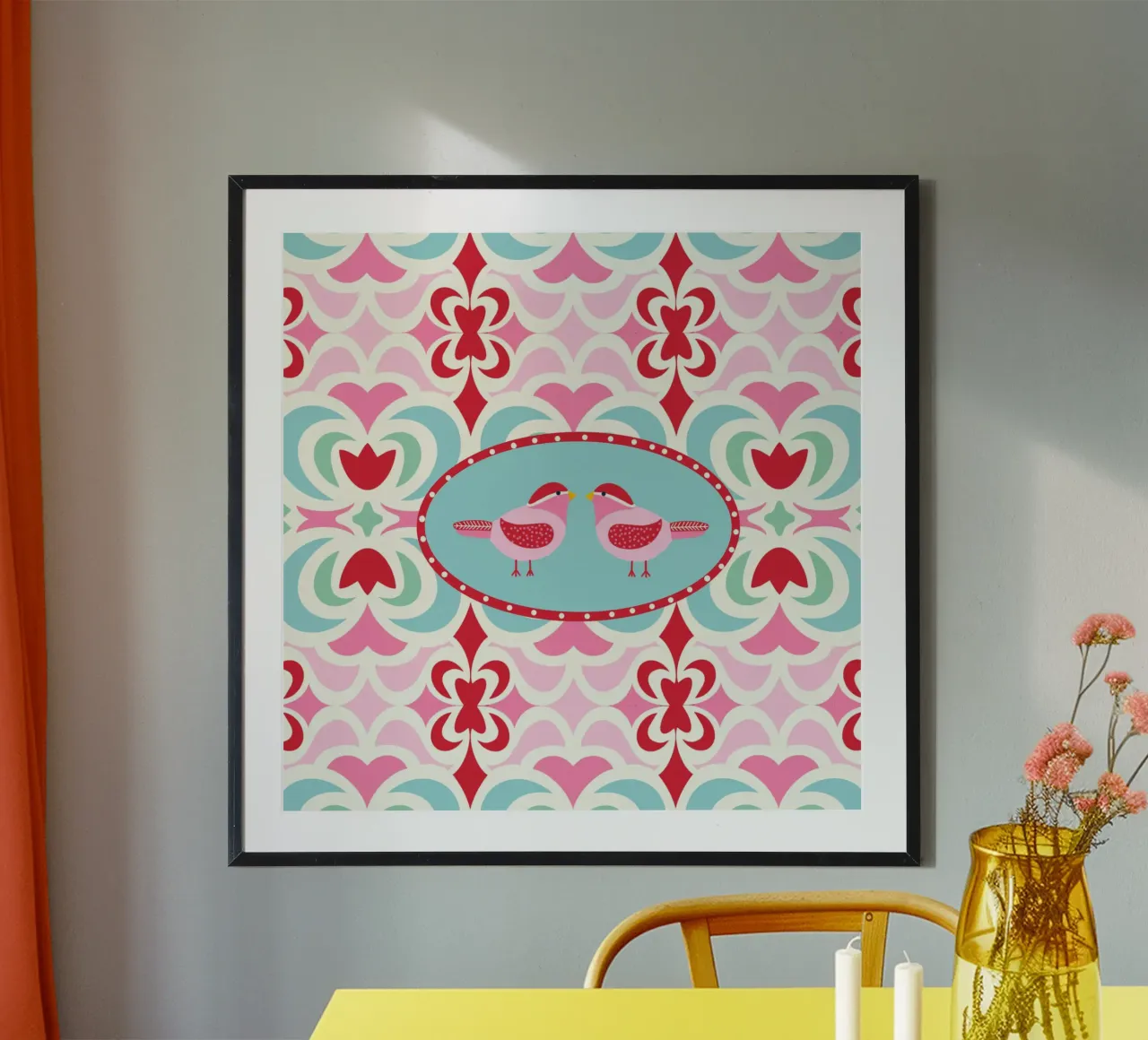 Vogelhochzeit poster con telaio in legno da Miris bunte Modewelt