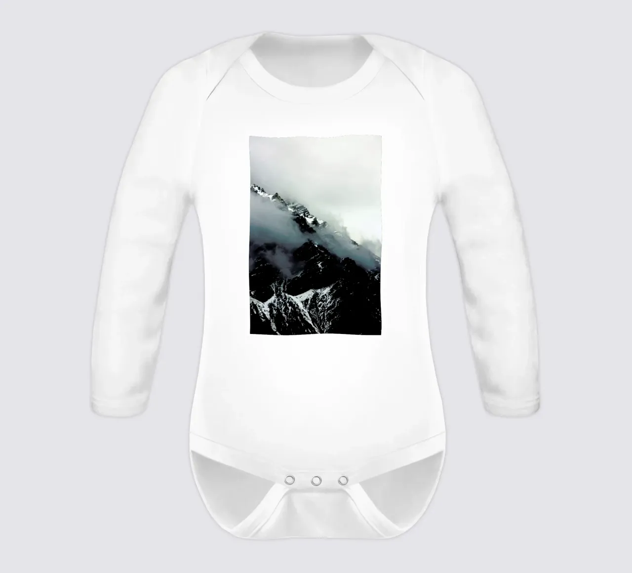 Misty Mountains long-sleeve baby romper by Laura Palm