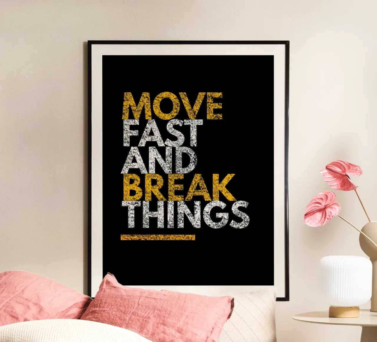 Muoversi velocemente e rompere le cose | Citazione motivazionale poster con telaio in plastica da Inspirify