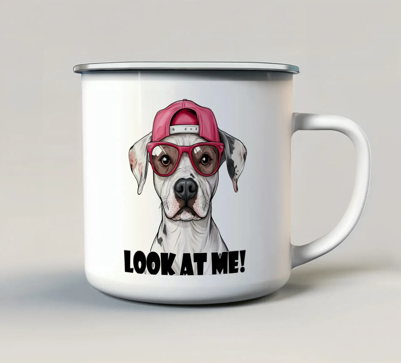 Cane con cappello e occhiali rosa tazza in smalto da Motivate-Today