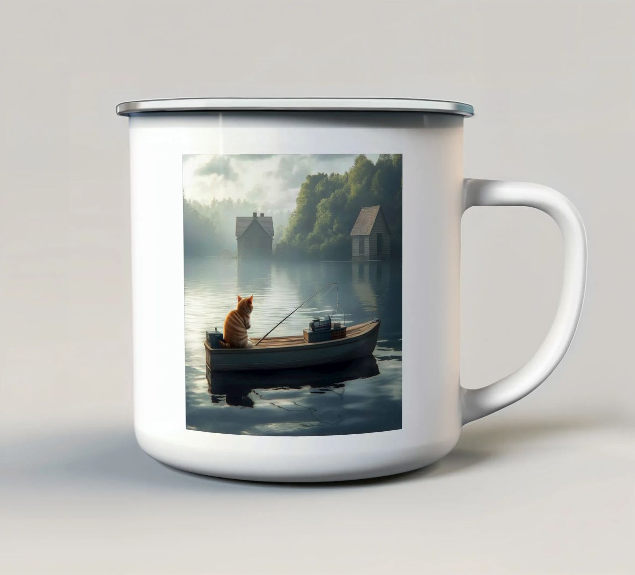 Un gatto pesca in un lago tazza in smalto da Motivate-Today