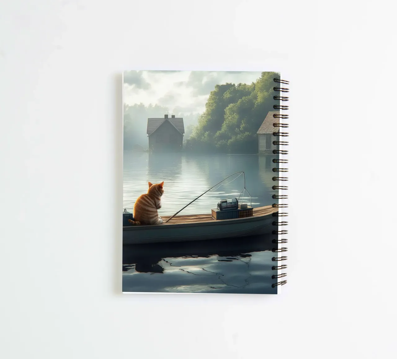 A cat is fishing on a lake spiral notebook by Motivate-Today