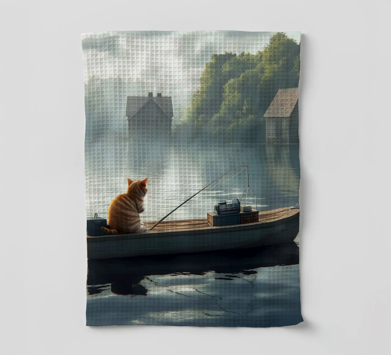 Un gatto pesca in un lago canovaccio da cucina da Motivate-Today
