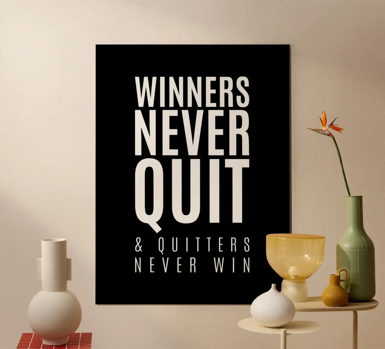I vincitori non mollano mai e i mollatori non vincono mai | Citazione motivazionale poster con telaio in plastica da Inspirify