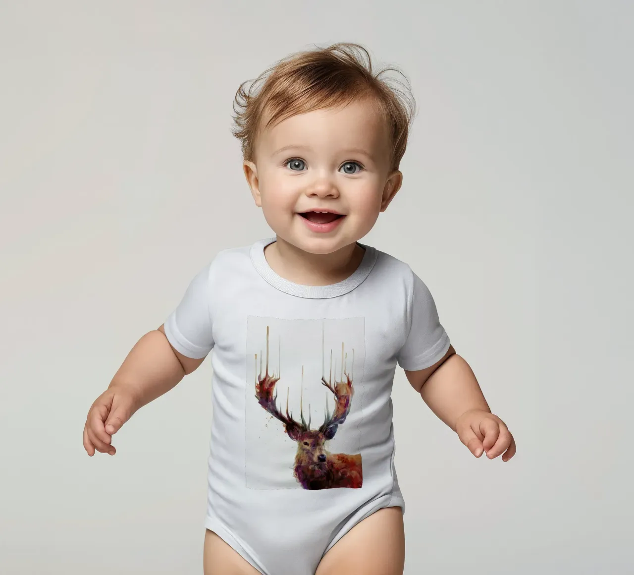 Red Deer short-sleeve baby romper by Amy Hamilton