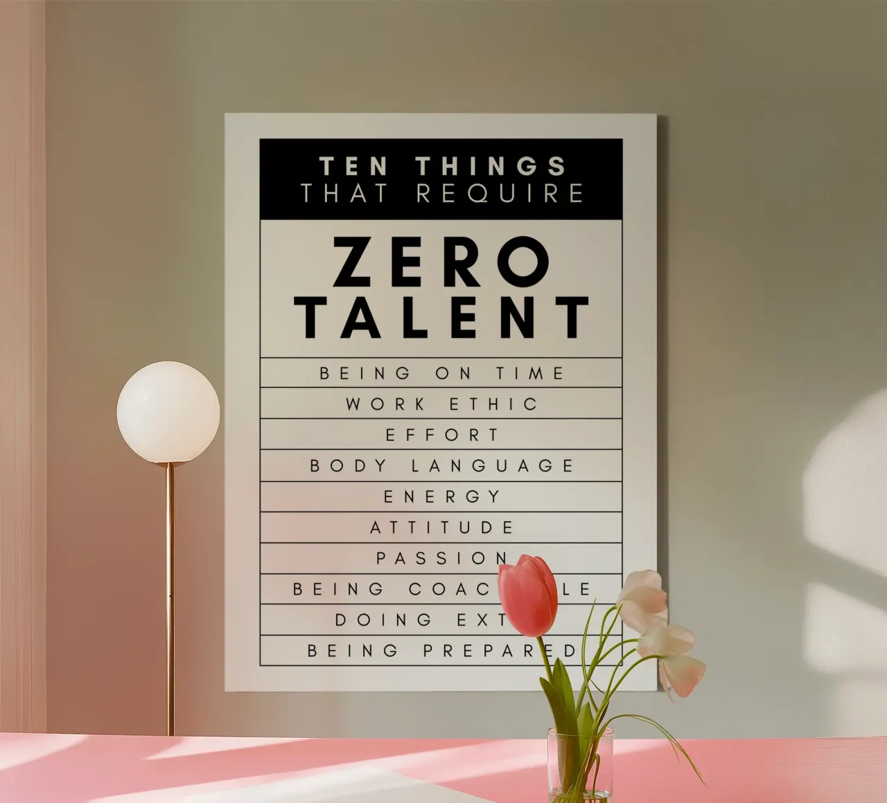 Ten Things That Require Zero Talent | Motivational Quote canvas with Floater frame by Inspirify