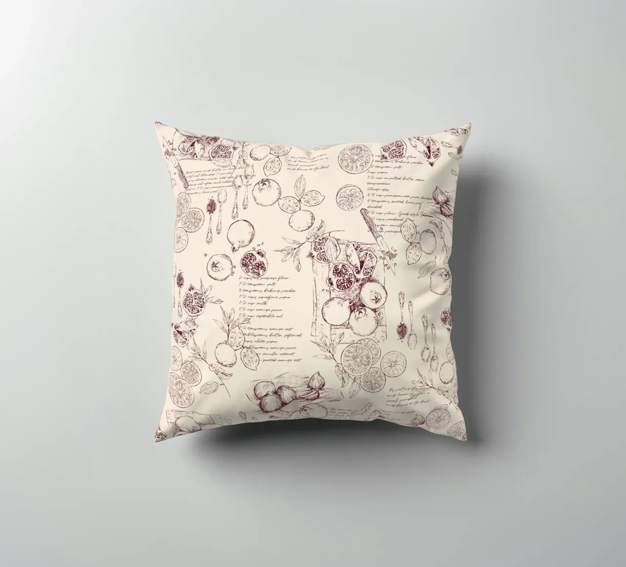Toile de jouy con frutta e ricette in granata e beige. cuscino da Art by Susana Miranda ilustración