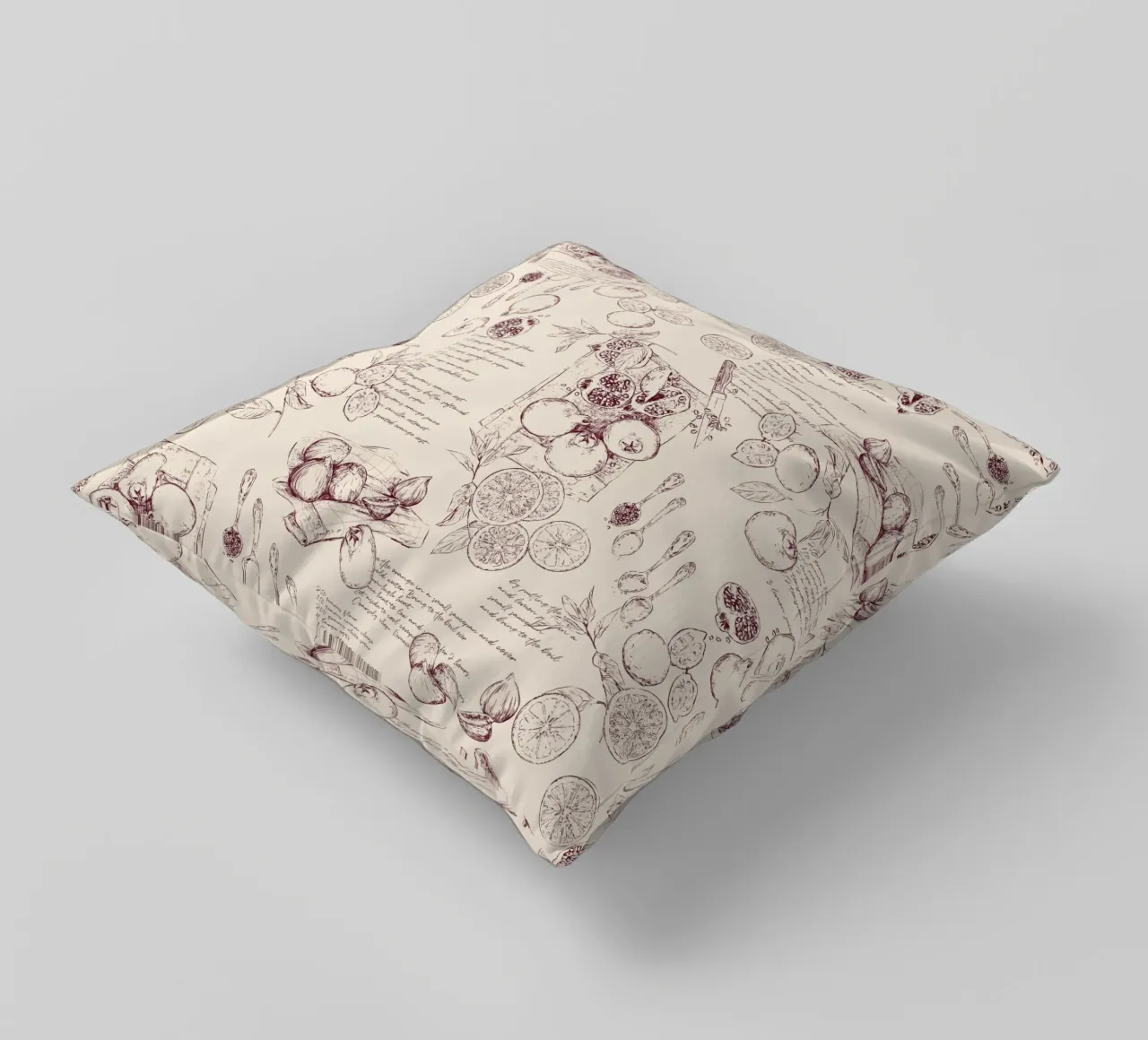 Toile de jouy con frutta e ricette in granata e beige. cuscino da Art by Susana Miranda ilustración