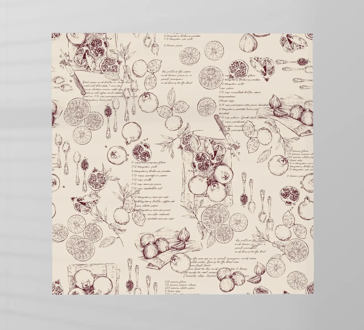 Toile de jouy con frutta e ricette in granata e beige. pellicola backlit da Art by Susana Miranda ilustración