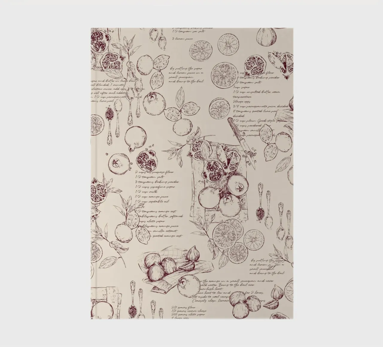 Toile de jouy con frutta e ricette in granata e beige. diario da Art by Susana Miranda ilustración