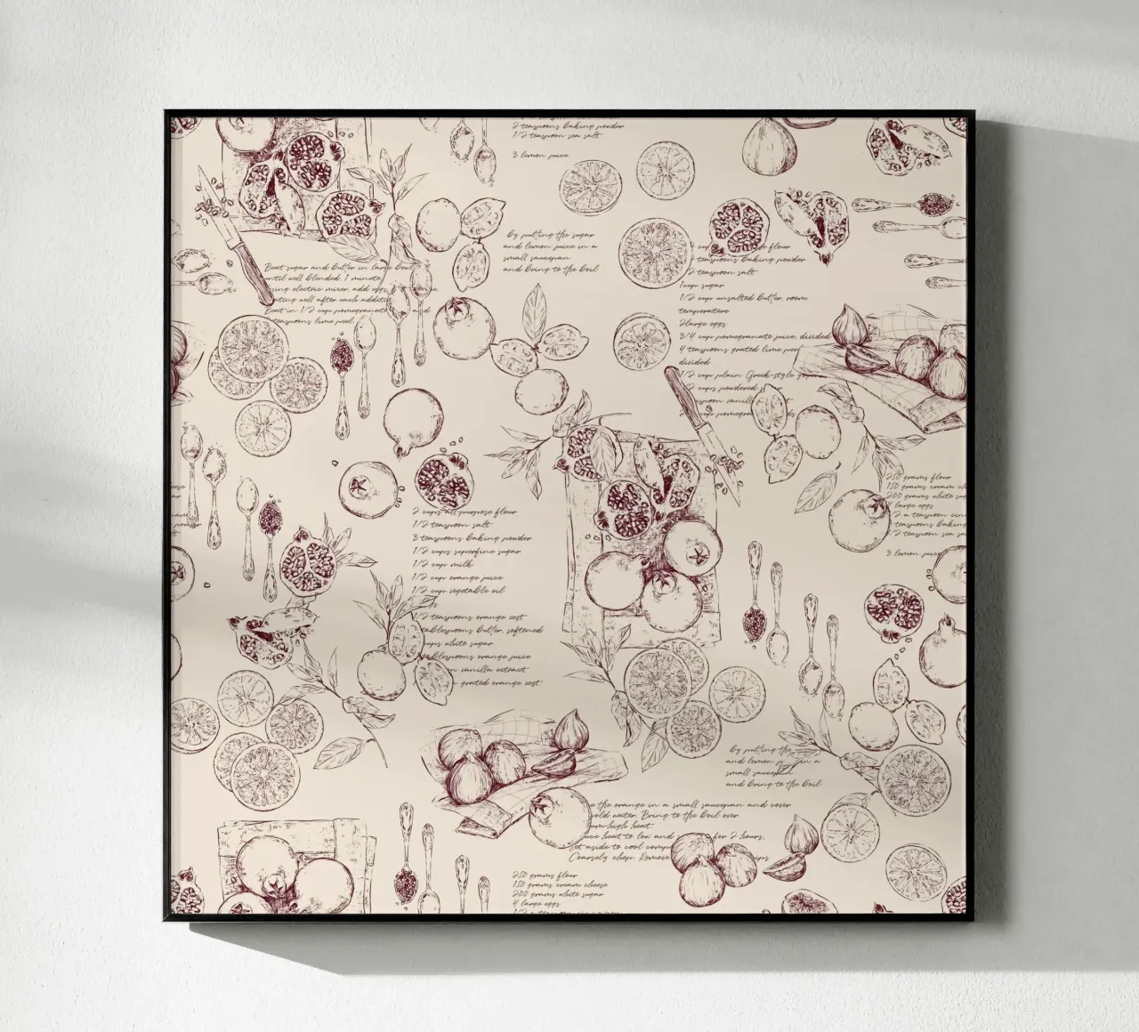 Toile de jouy con frutta e ricette in granata e beige. plexiglass da Art by Susana Miranda ilustración